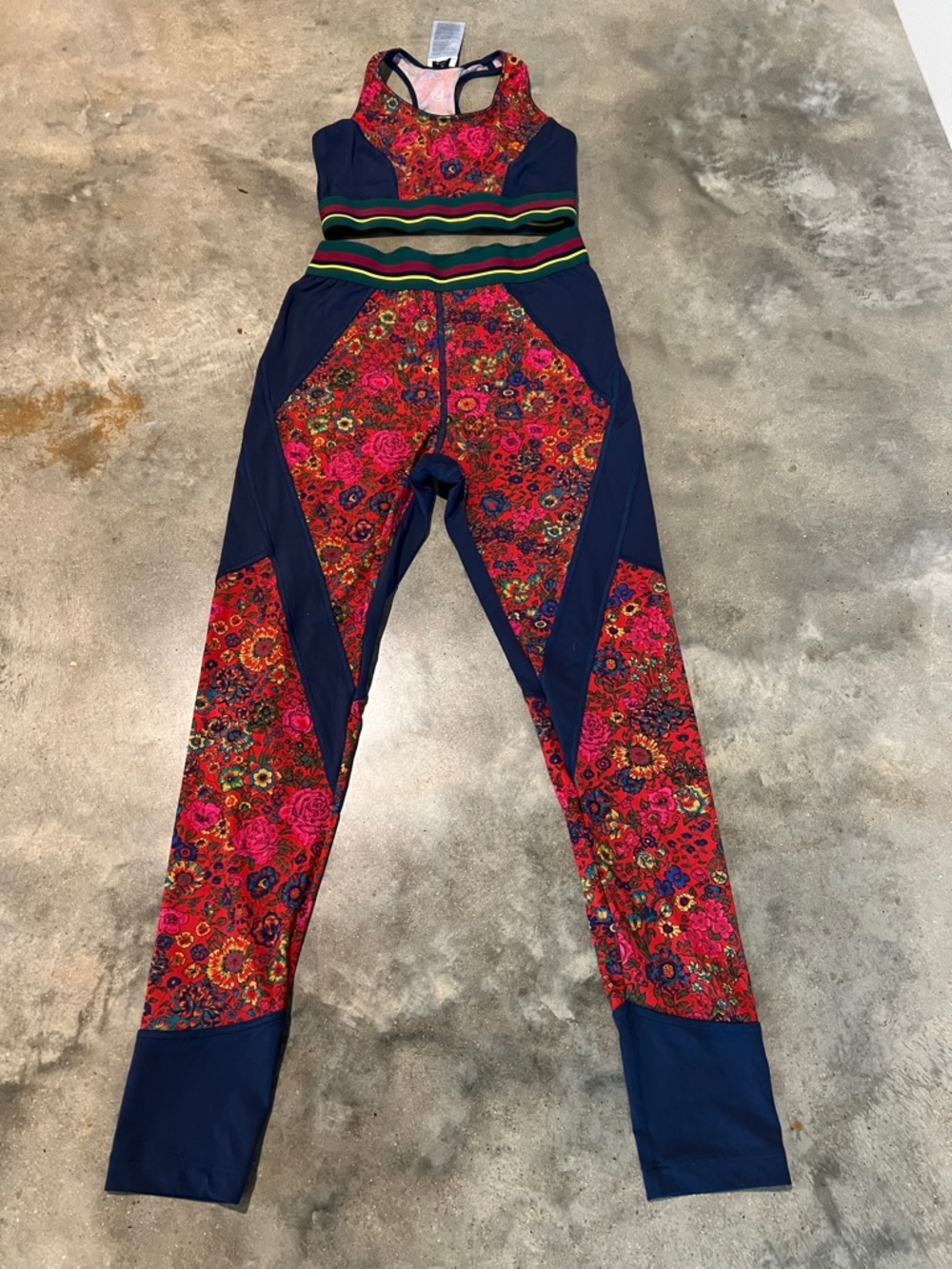 Authentic ETRO Navy Jumpsuit with Red Floral Panels and Green Waistband